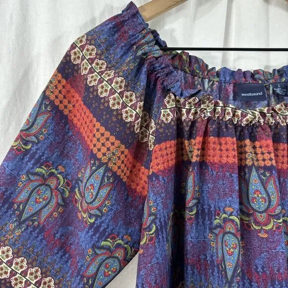 Westbound Lot of 2 Colorful Peasant Boho Crochet Trim Tunic Tops Womens Size L - Picture 8 of 11